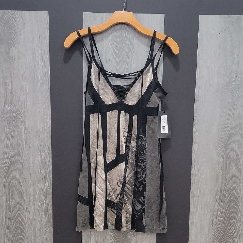 Salvage Black and Gray Satin, Embossed Camisole Top, Mini Dress - Picture 3 of 9